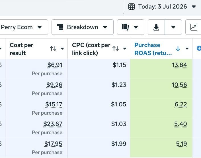 Meta Ads Manager screenshot dated July 3, 2026, showing purchase ROAS values from 5.19 to 13.84.