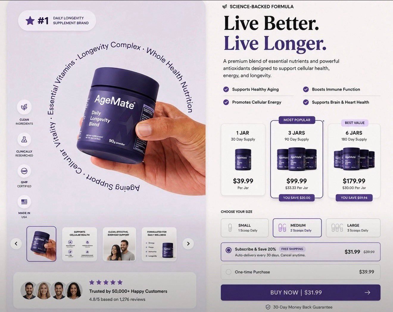 AgeMate product page showing supplement jars, bundle pricing and subscription options.